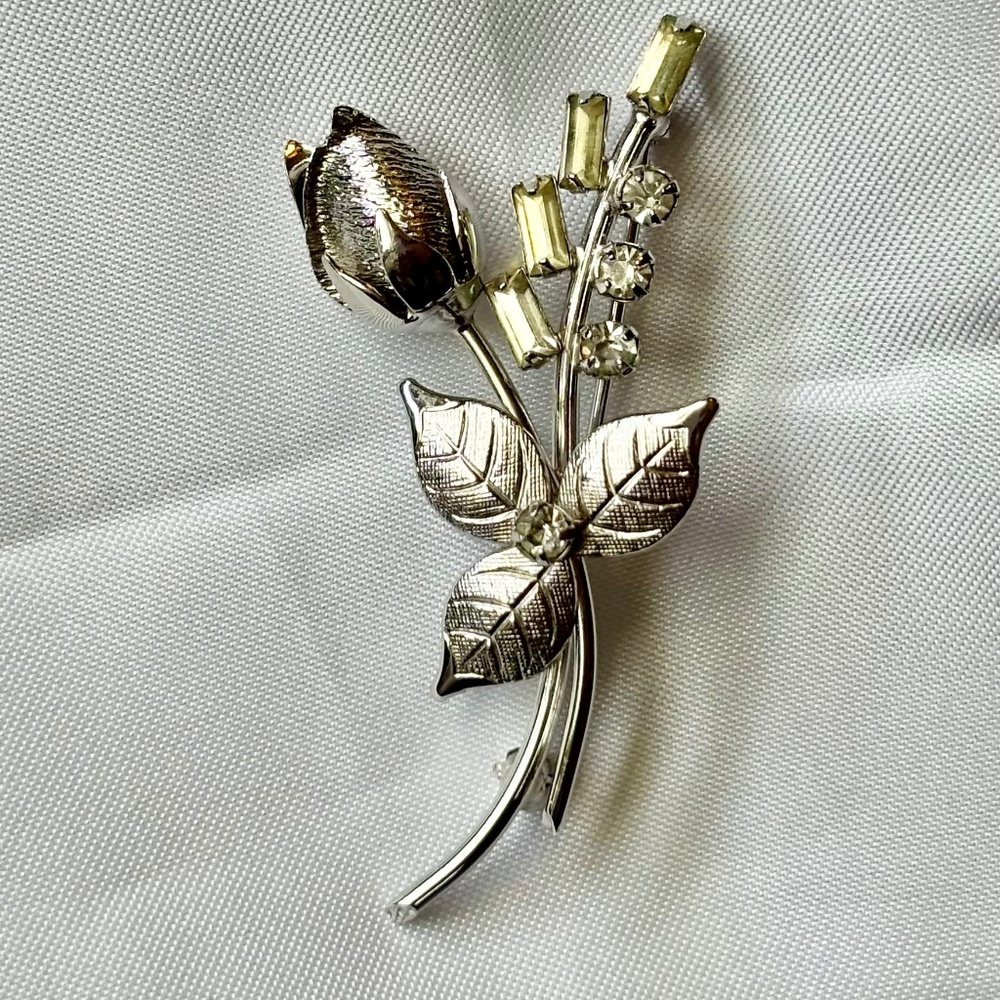 Rare Tru Kay Sterling diamond Rose Brooch
